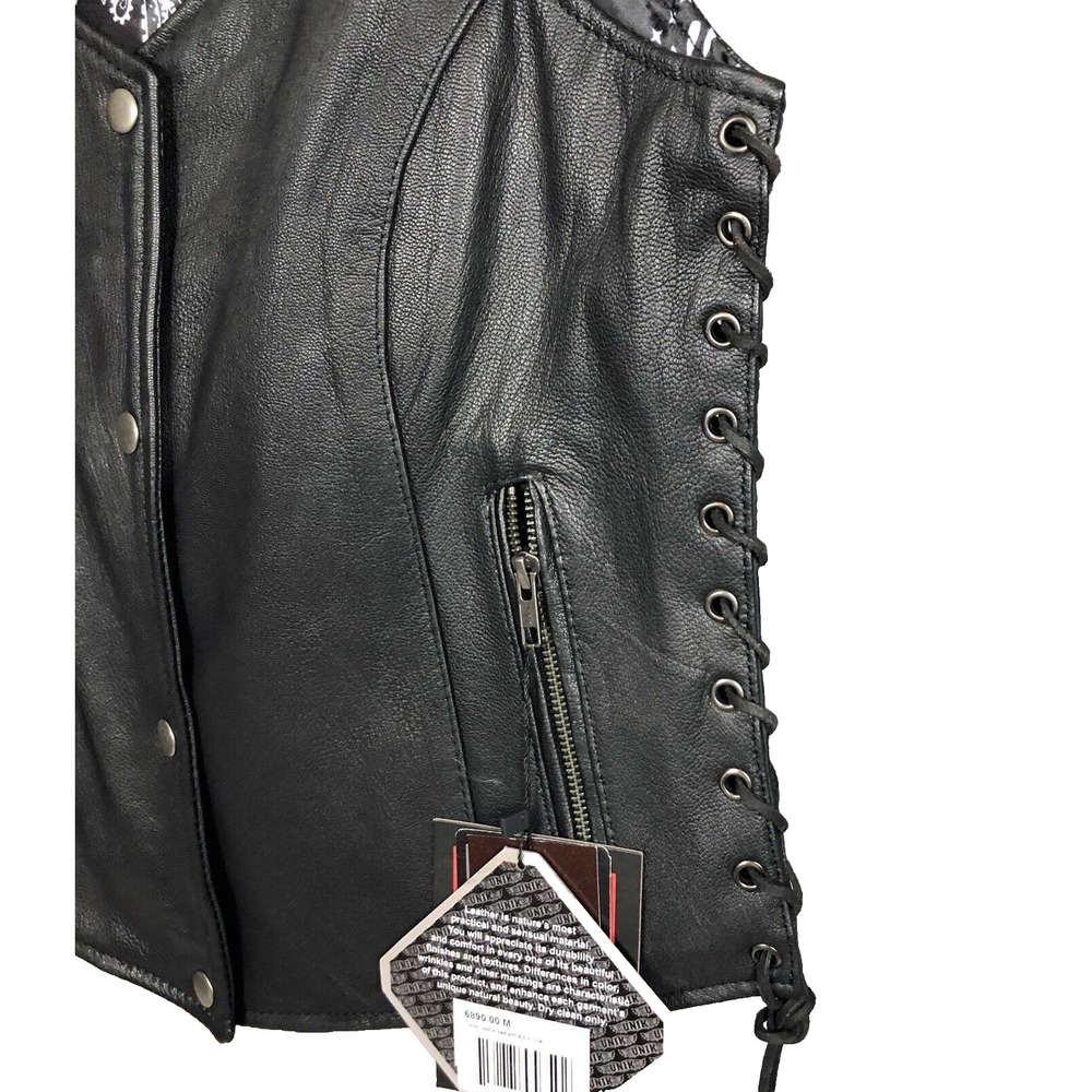 Unik Premium Women Sz M Black Leather Snap Front Vest Side Laces Paisley Liner - Picture 2 of 16